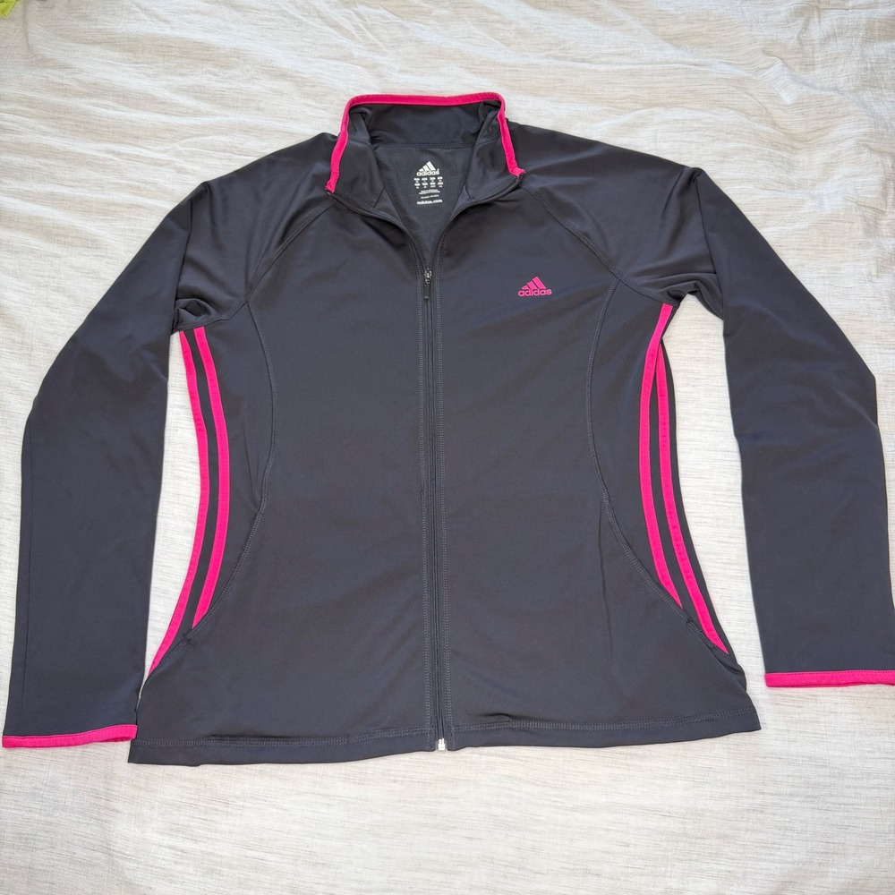 Adidas Women Large Gray Pink Track Jacket Full Zip Activewear P53947 Gym